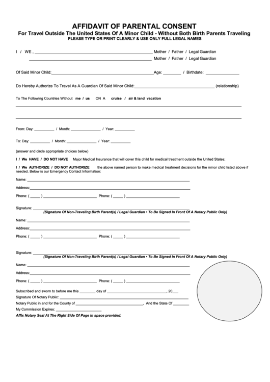 Affidavit Of Parental Consent Form For Travel Outside The United 