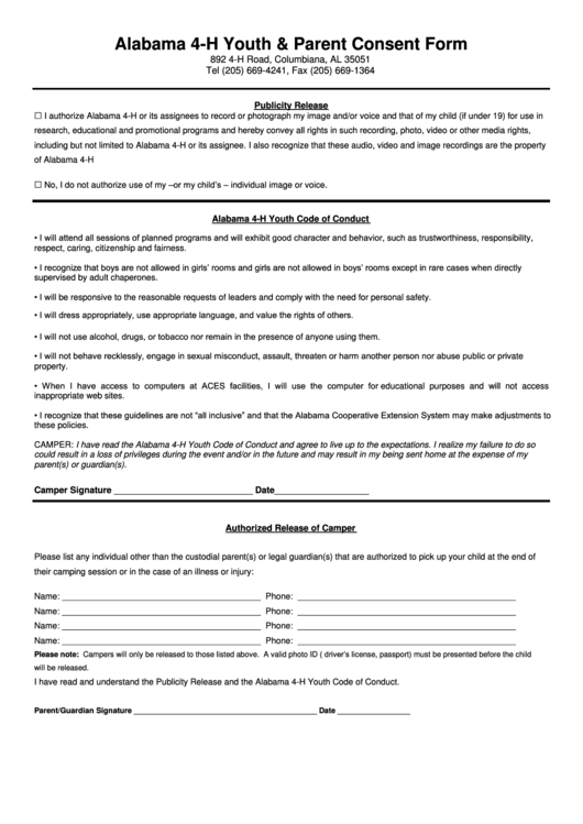 Alabama 4 H Youth Parent Consent Form Printable Pdf Download