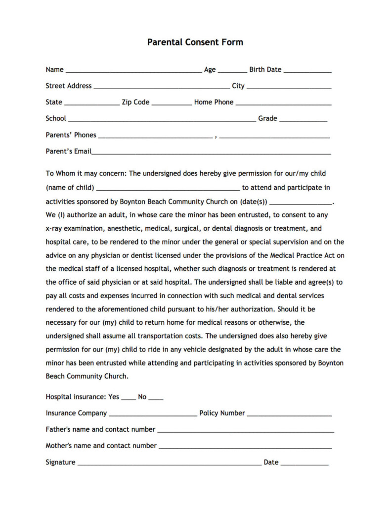 Boynton Beach Community Church Boynton Beach FL Parental Consent Form