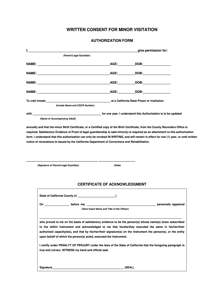 CA Written Consent For Minor Visitation Fill And Sign Printable