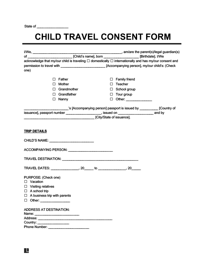 Child Travel Consent Form PDF Template Legal Templates