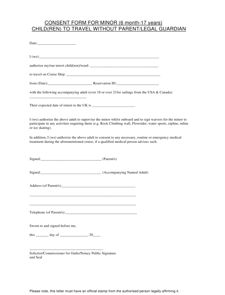 Consent Form For Minor Child Ren To Travel Without Parent Legal 