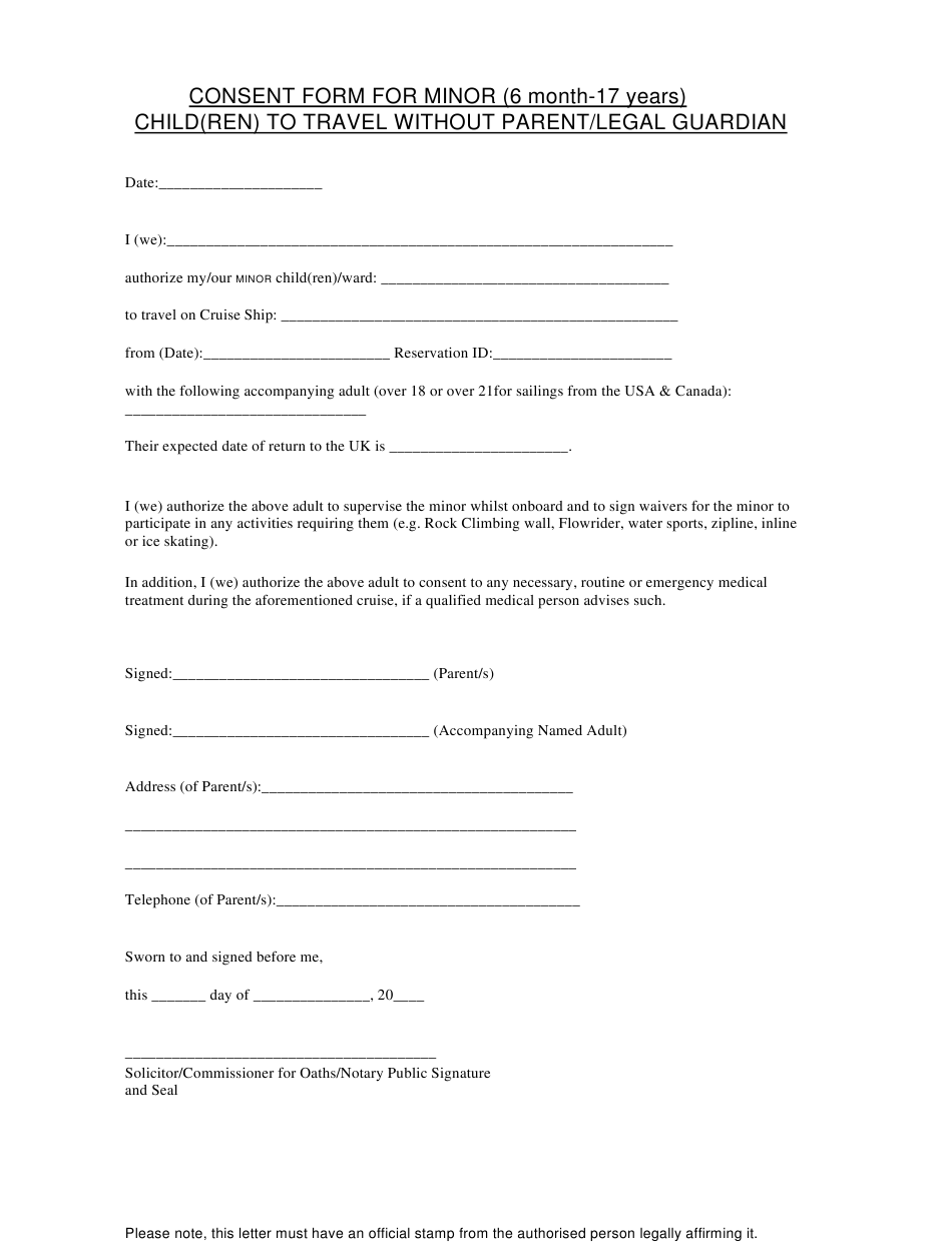 Consent Form For Minor Child Ren To Travel Without Parent Legal