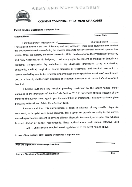 Consent To Medical Treatment Of A Cadet Printable Pdf Download