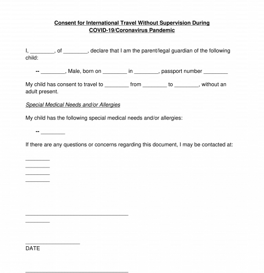 COVID 19 Coronavirus Travel Consent Form Template