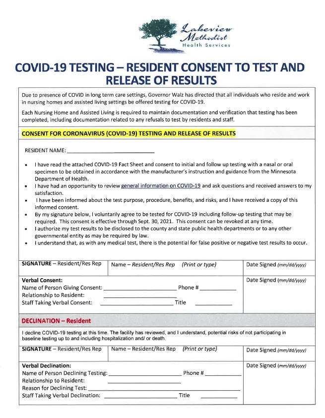 Covid 19 Testing Resident Consent To Test And Release Of Results 