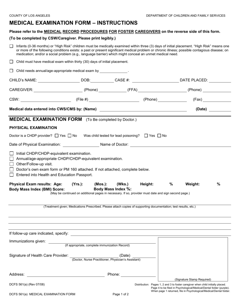 DCFS 561a Medical Examination Form