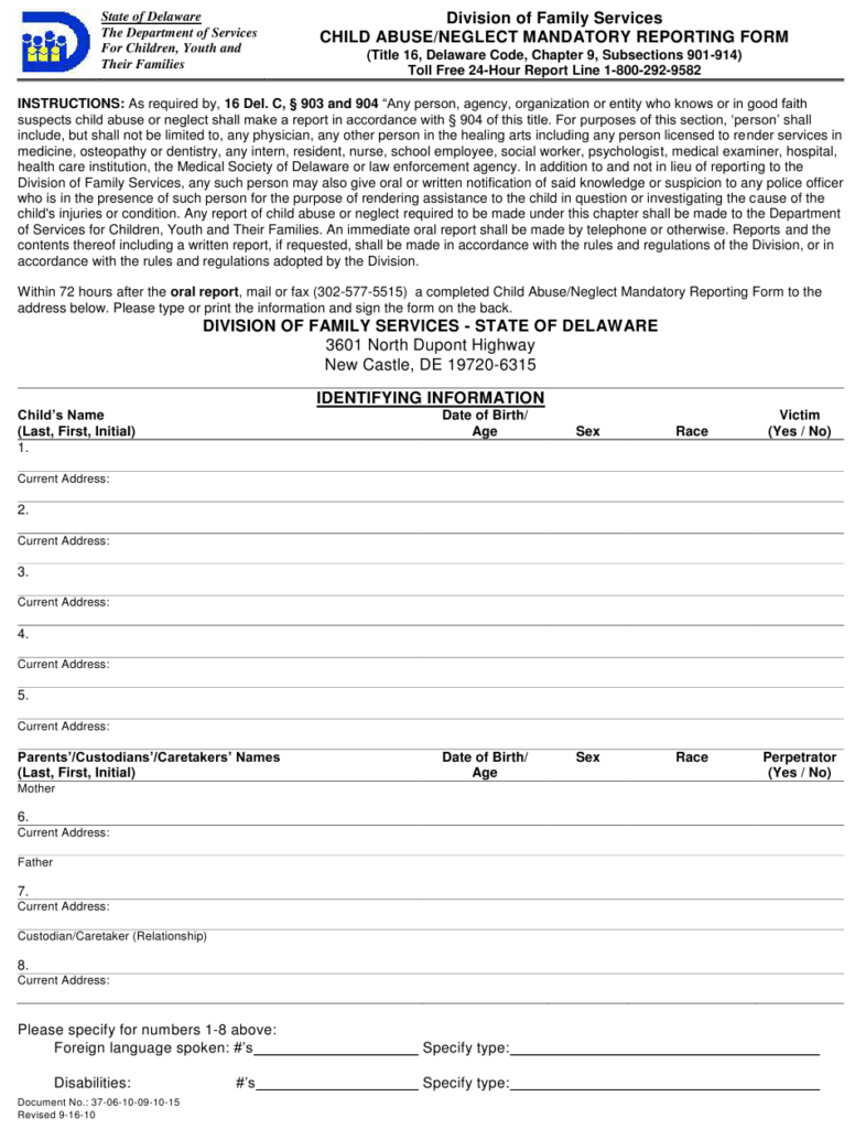 Delaware Child Abuse Neglect Mandatory Reporting Form Download Fillable 