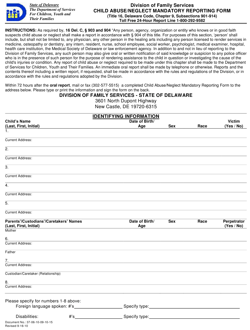 Delaware Child Abuse Neglect Mandatory Reporting Form Download Fillable 