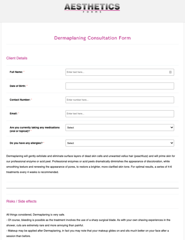 Dermaplaning Consultation Form Online Form Templates PDFs