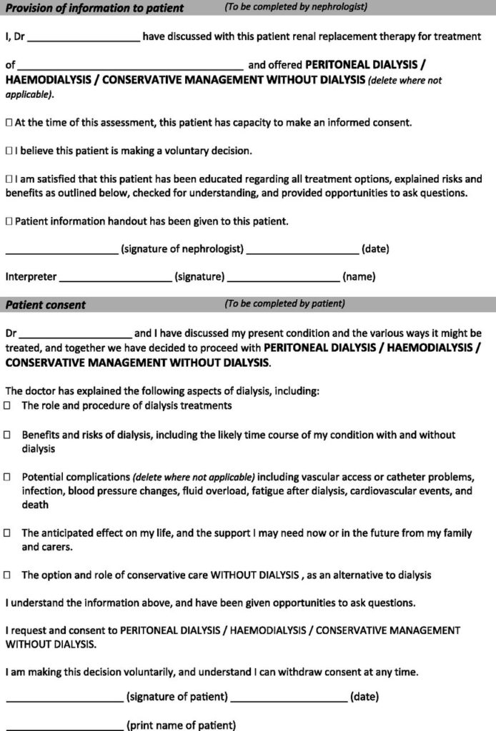 Dialysis Consent Form Signature Kidney Care