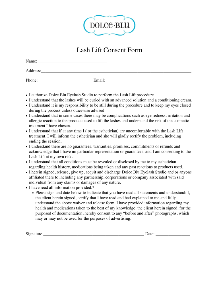 Dolce Blu Lash Lift Consent Form Fill And Sign Printable Template