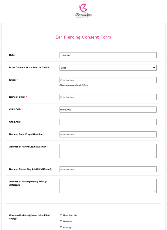 Ear Piercing Consent Form Template By IPEGS Go Paperless