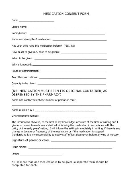 EARLY YEARS MEDICATION CONSENT FORM 1