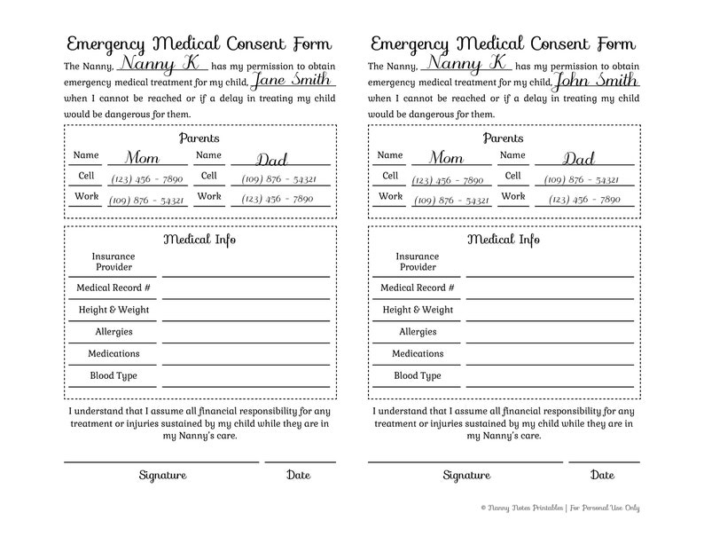 Emergency Medical Consent Form For Nannies Etsy