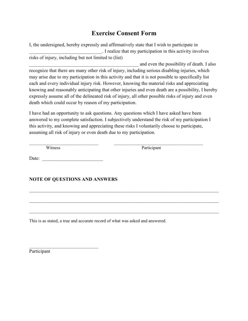 Exercise Consent Form Pdf Consent Forms Personal Trainer Liability 