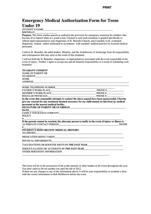 Fillable Emergency Medical Authorization Form For Teens Under 19 