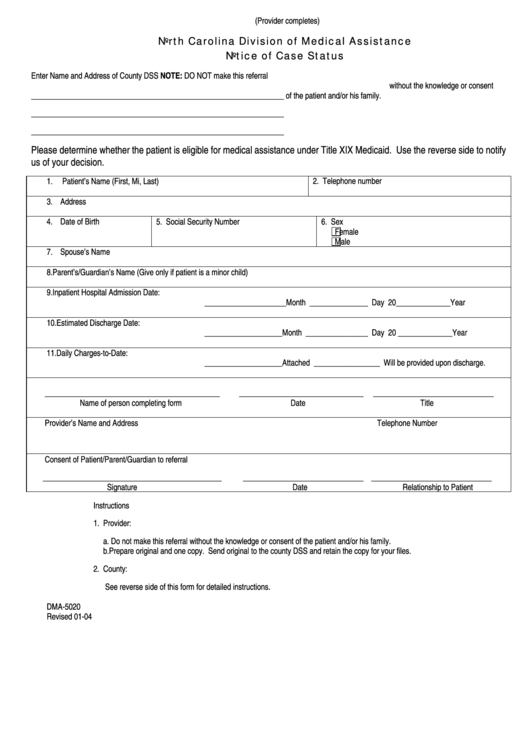 Fillable Form Dma 5020 North Carolina Division Of Medical Assistance 