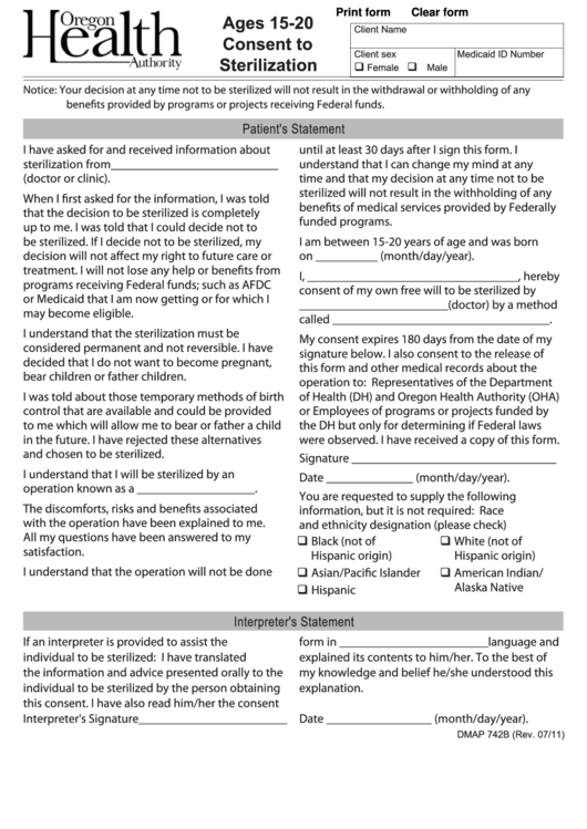 Fillable Form Dmap 742b Ages 15 20 Consent To Sterilization Form 