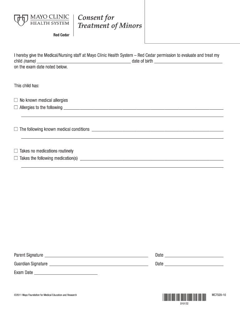 Fillable Online Consent Form For The Treatment Of Minors Mayo Clinic 