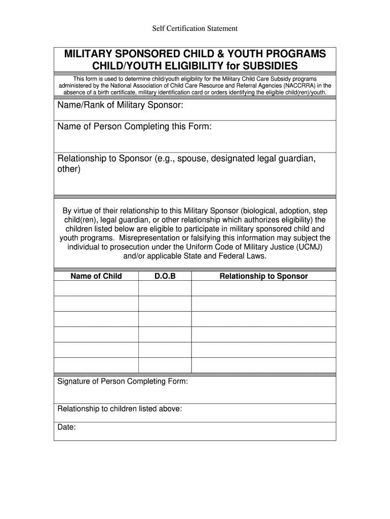 Fillable Online Naccrra Self Certification Form National Association 