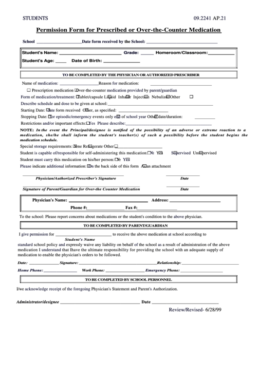 Fillable Permission Form For Prescribed Or Over The Counter Medication 