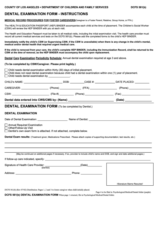 Form Dcfs 561 B Dental Examination Los Angeles Dcfs Printable Pdf 