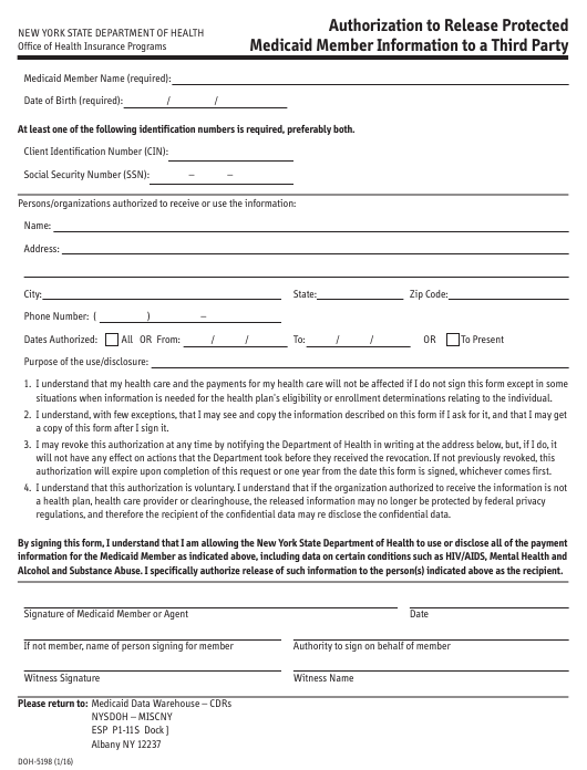 Form DOH 5198 Download Printable PDF Or Fill Online Authorization To