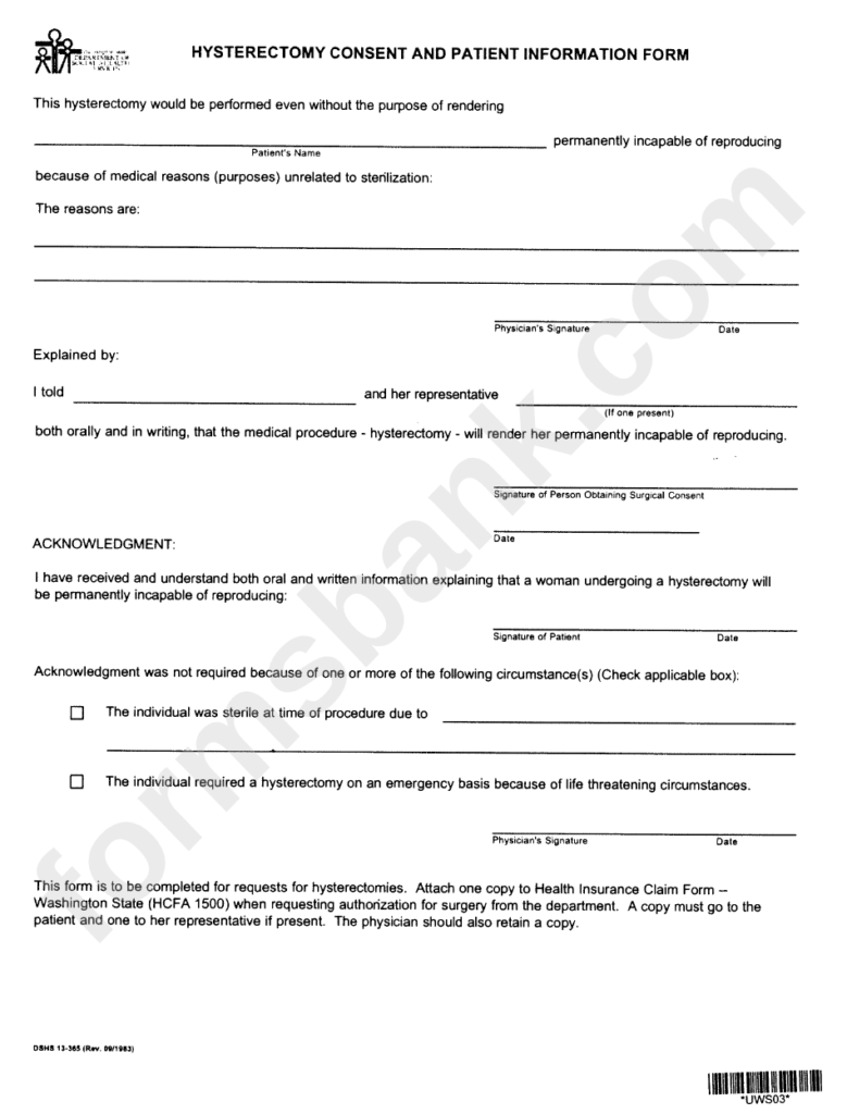 Form Dshs 13 385 Hysterectomy Consent And Patient Information Form 