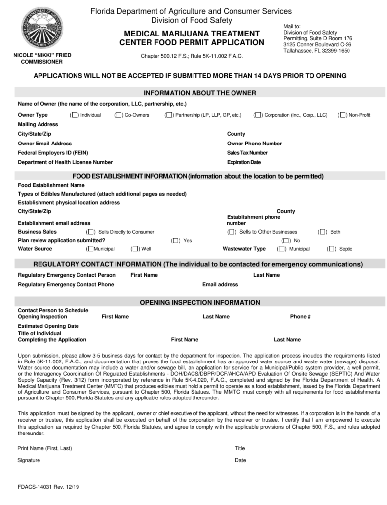 Form FDACS 14031 Download Fillable PDF Or Fill Online Medical Marijuana 