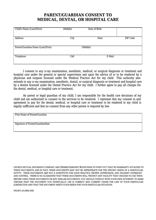 Form Fm S872 Parent guardian Consent To Medical Dental Or Hospital 