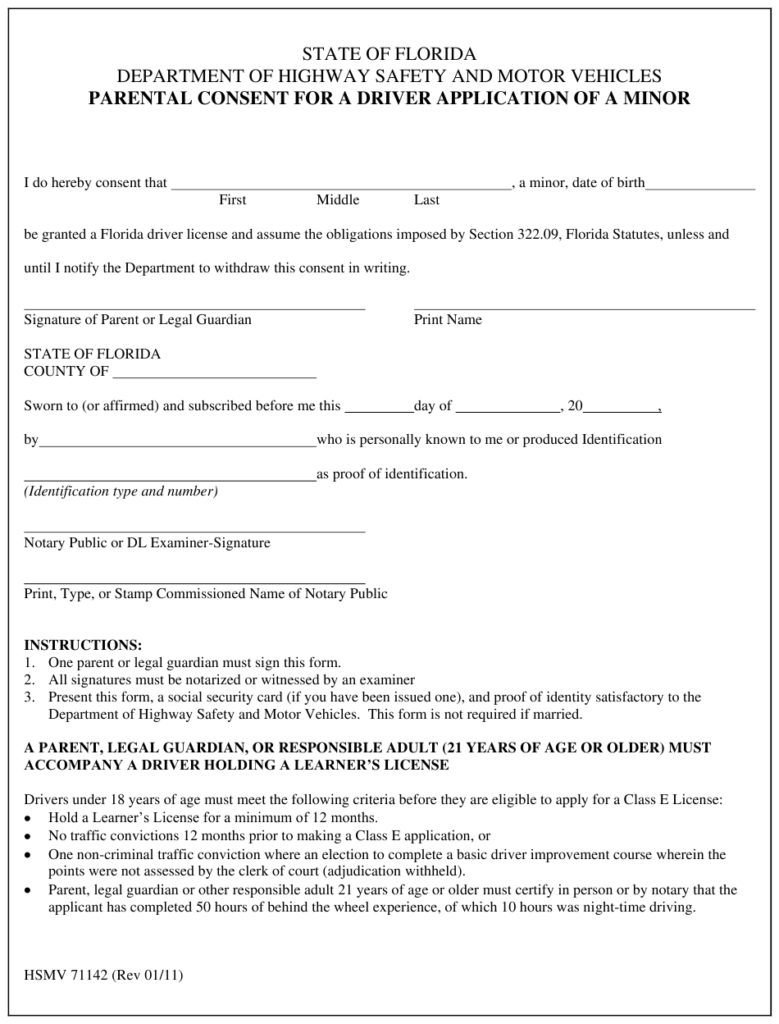 Form HSMV71142 Download Fillable PDF Or Fill Online Parental Consent 