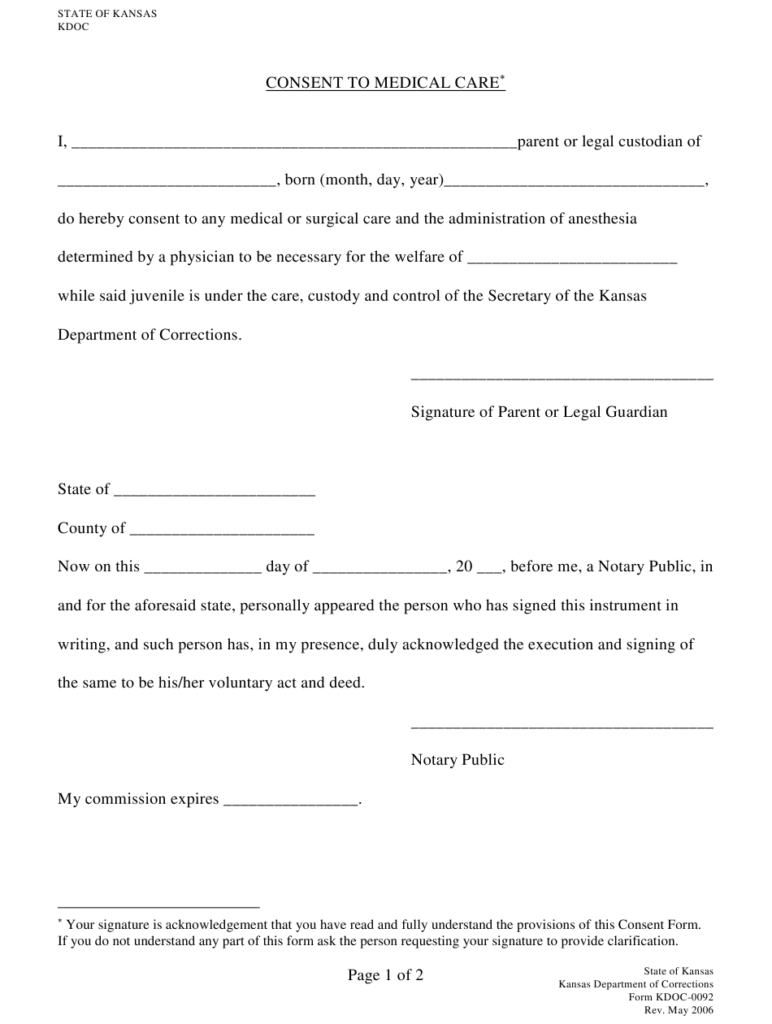 Form KDOC 0092 Download Fillable PDF Or Fill Online Consent To Medical 