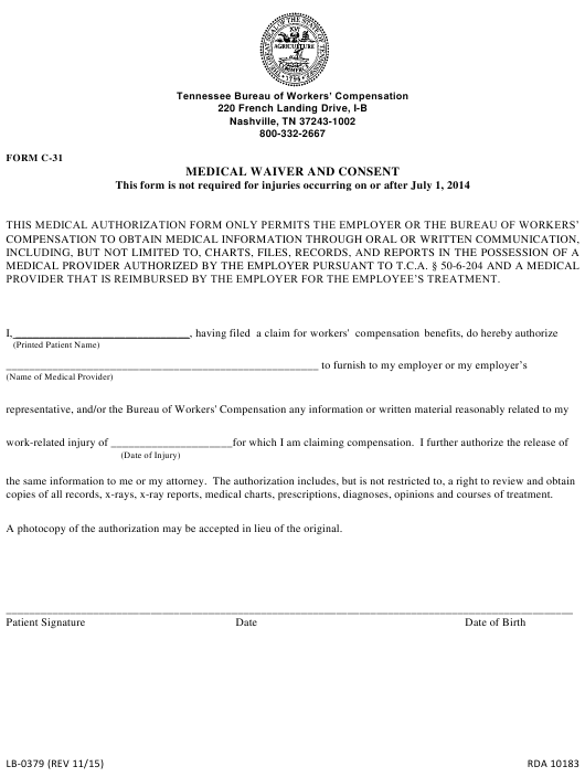 Form LB 0379 Download Printable PDF MEDICAL WAIVER AND CONSENT 