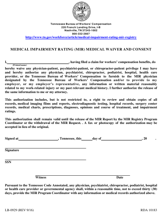Form LB 0929 Download Printable PDF Or Fill Online Mir Medical Waiver 