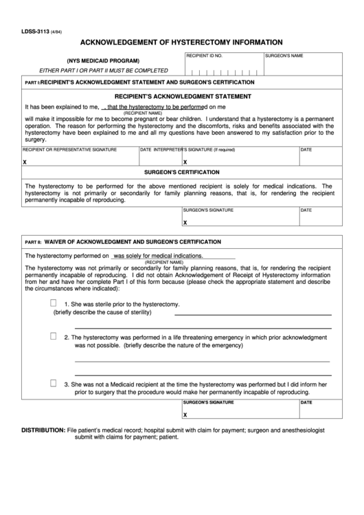 Form Ldss 3113 Acknowledgement Of Hysterectomy Information Printable 