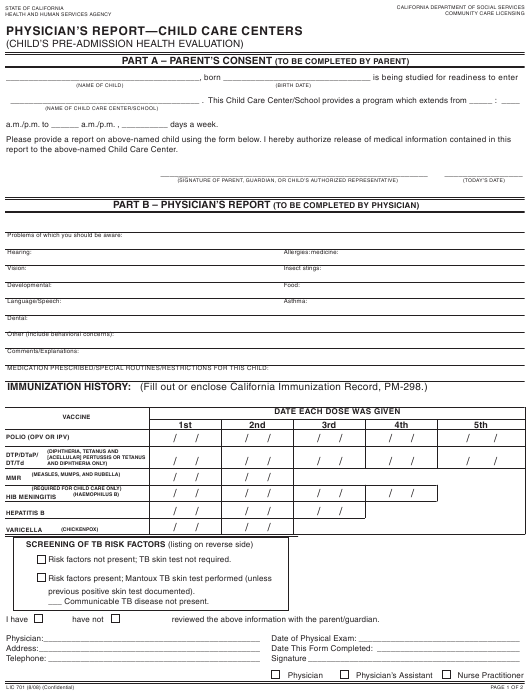 Form LIC 701 Download Printable PDF Physician s Report Child Care 