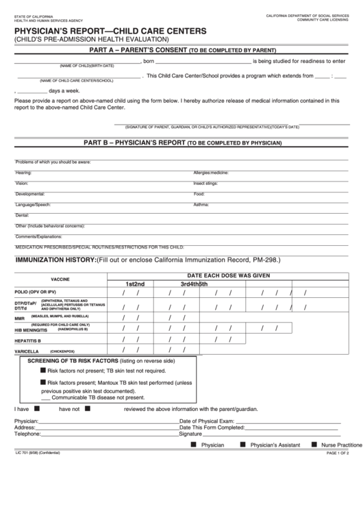 Form Lic 701 Physician S Report Child Care Centers Printable Pdf 