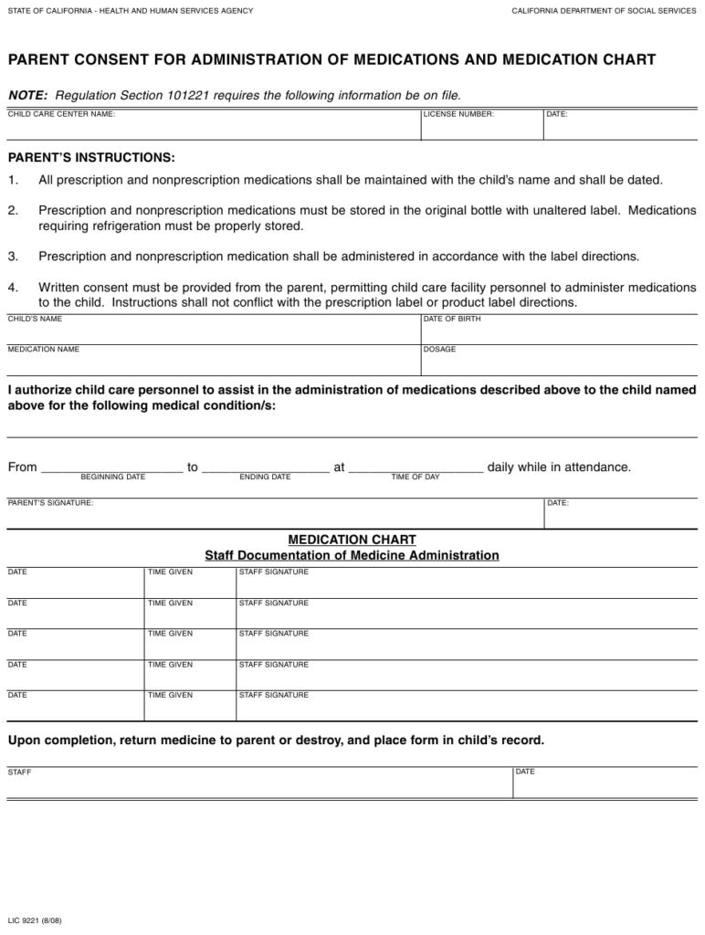 Form LIC9221 Download Fillable PDF Or Fill Online Parent Consent For 