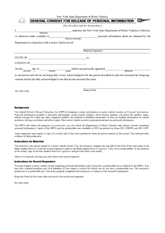 Form Mv 15gc General Consent For Release Of Personal Information 