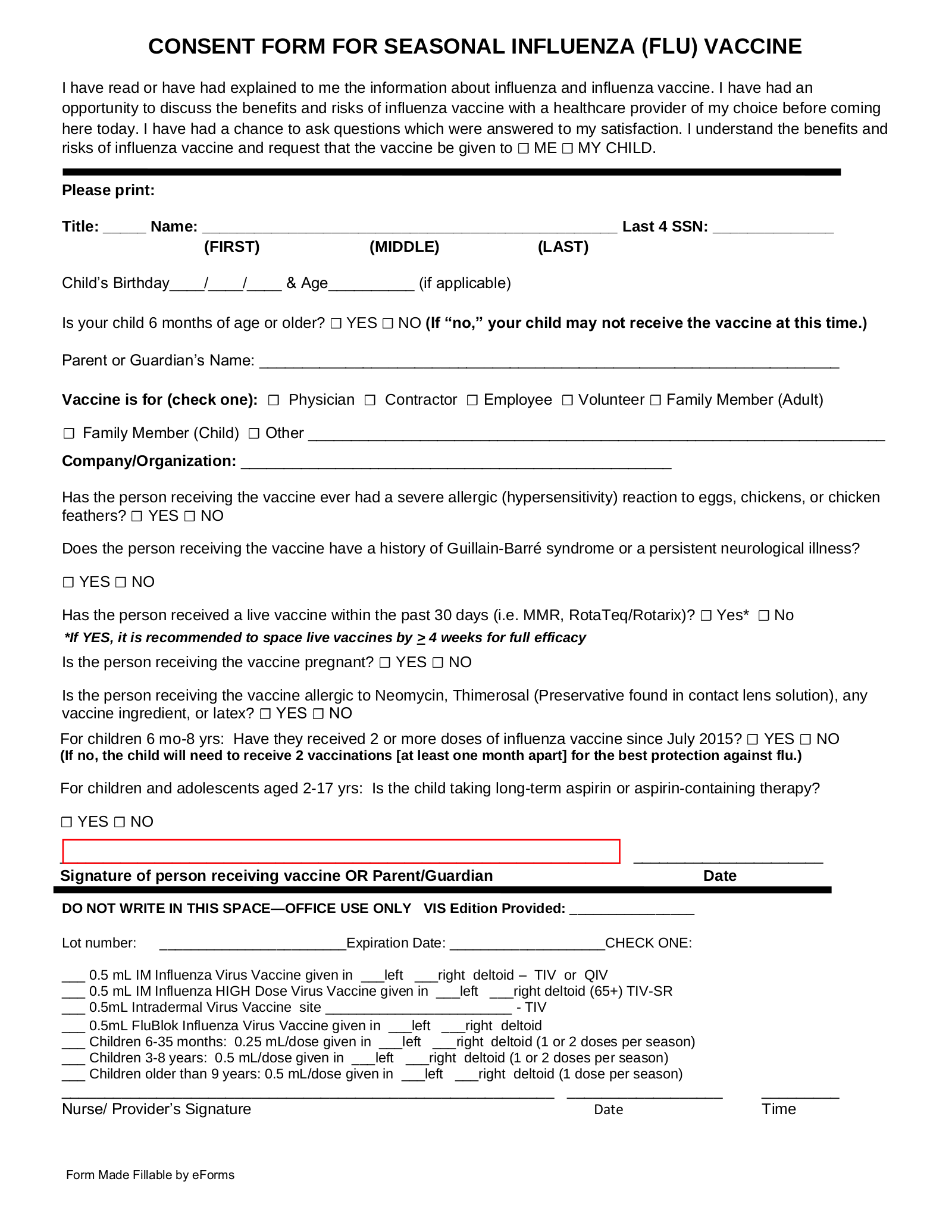 Free Flu Shot Influenza Vaccine Consent Form PDF Word EForms