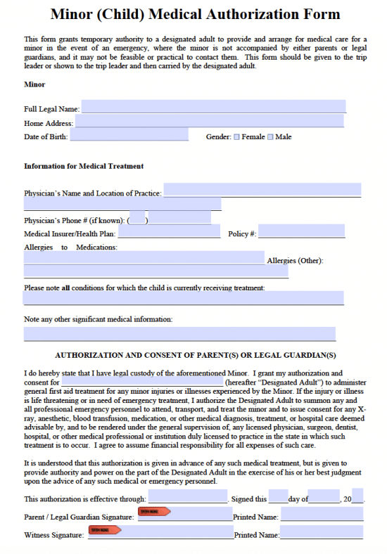 Free Medical Consent For The Treatment Of A Minor PDF