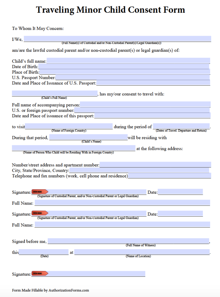 Free Minor Child Travel Consent Form PDF