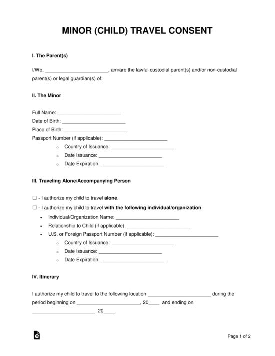 Free Minor Child Travel Consent Form PDF Word EForms Free