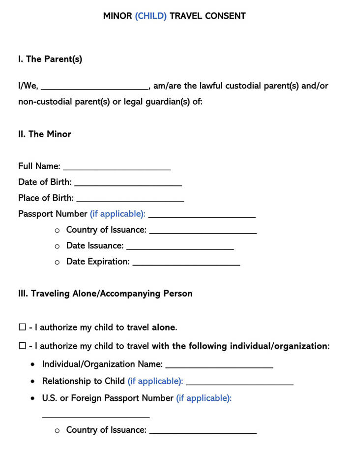 Free Minor Child Travel Consent Forms Word PDF 