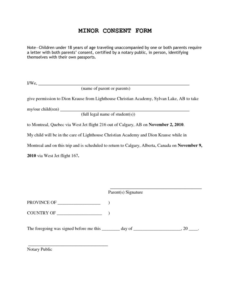 Free Travel Consent Form For Minor Traveling With One Parent 