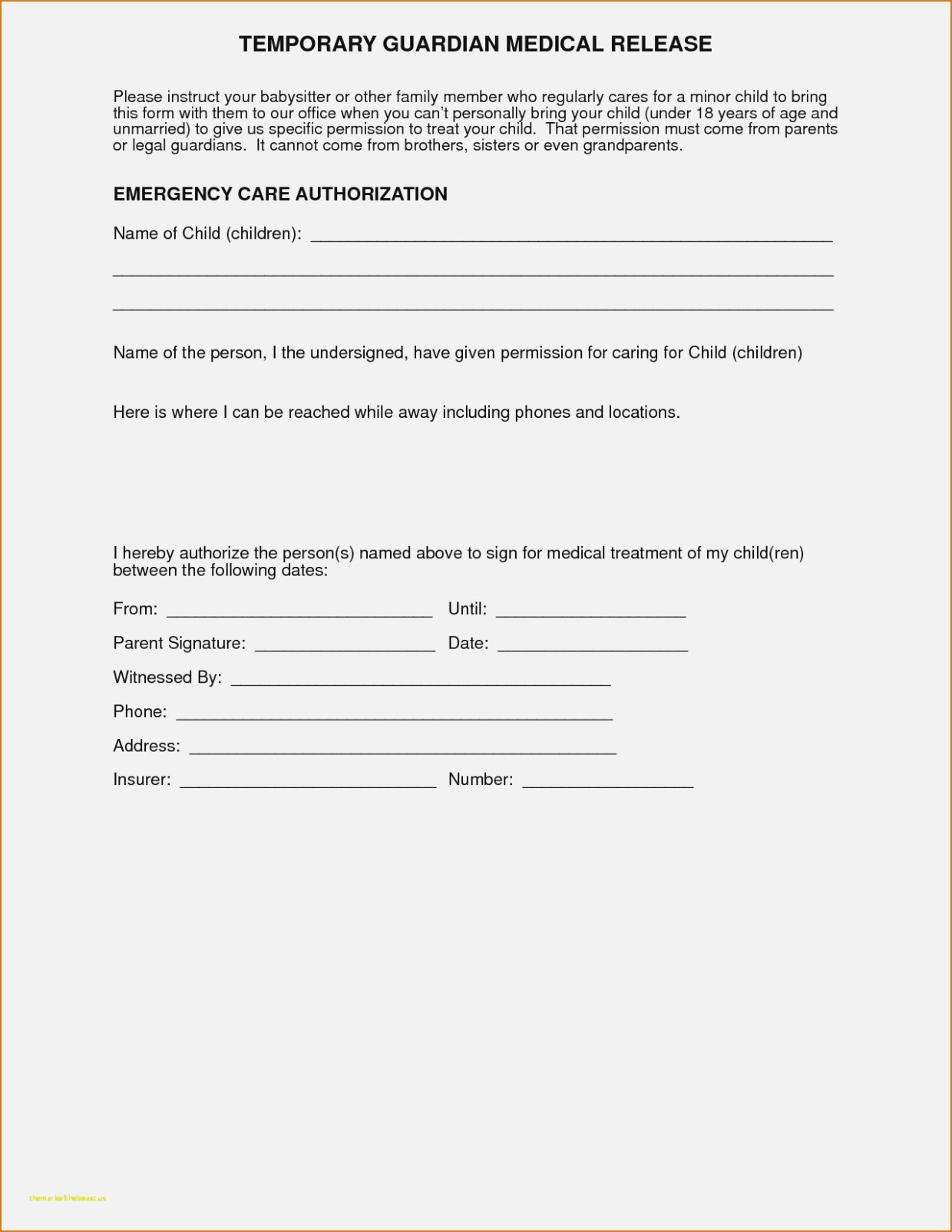 Grandparents Medical Consent Form Minor Child Eforms Free