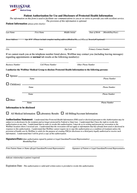 Hipaa Consent Forms Wellstar Health System Printable Pdf Download