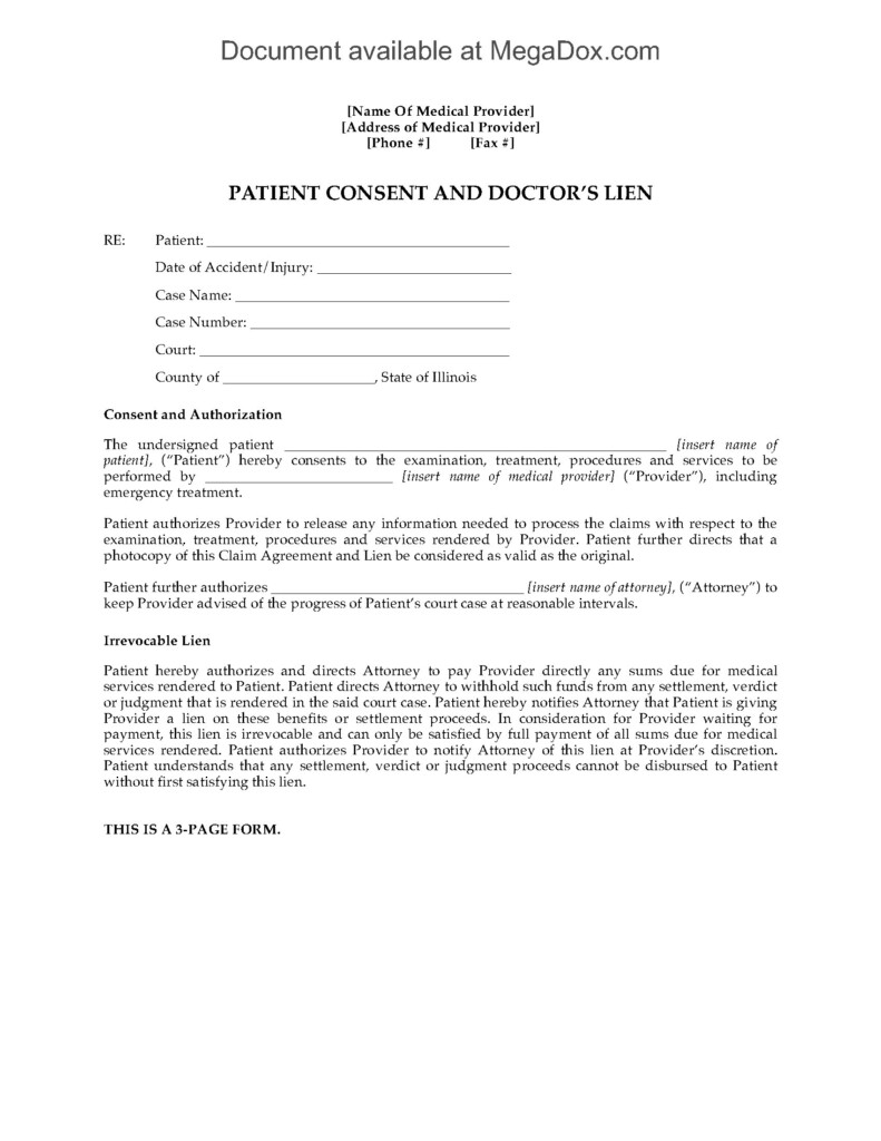 Illinois Doctor s Lien And Patient Consent Form Legal Forms And 