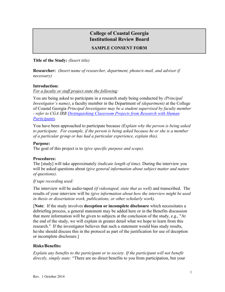 IRB Sample Consent Form College Of Coastal Georgia